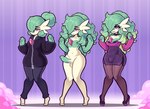 bottomwear bulge clothed clothing crossdressing erection genitals green_hair group gynomorph hair hair_bun intersex legwear long_hair makeup pantyhose penis secretary skirt solo gharug nintendo pokemon lynn_(gharug) gardevoir generation_3_pokemon humanoid pokemon_(species) model_sheet male_(lore)