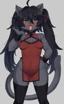 ahoge anthro asian_clothing black_body black_fur black_hair breasts cheek_tuft chinese_clothing chinese_dress cleavage clothed clothing cute_fangs dress east_asian_clothing facial_tuft fangs female female_anthro front_view fur grey_background grey_body grey_fur hair hand_on_hip kemono knock-kneed legwear long_hair long_ponytail looking_at_viewer open_mouth ponytail shirt_cuffs simple_background solo squish standing stockings teeth thigh_highs thigh_squish tongue tuft twintails_(hairstyle) wide_hips yellow_eyes sgsix felid feline mammal 2020 hi_res portrait three-quarter_portrait