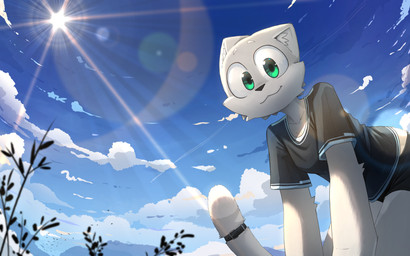 anthro clothed clothing cloud dipstick_tail female fur green_eyes hair lens_flare light looking_at_viewer markings sky skyscape smile solo sunlight tail tail_markings k_o_tsitraeht tom_(zoeandtom) zoe_(zoeandtom) domestic_cat felid feline felis humanoid mammal 2025 absurd_res digital_media_(artwork) hi_res