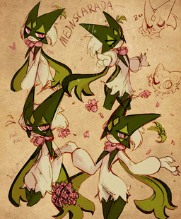 ambiguous_gender anthro blush blush_lines eyes_closed flower gesture hand_gesture heart_symbol one_eye_closed plant pointing pointing_at_viewer pose sitting solo sparkles text wink kizkisseskids nintendo pokemon generation_9_pokemon meowscarada pokemon_(species) colored hi_res watermark