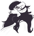 anthro big_hair black_hair breasts eyelashes facial_piercing female hair horn horn_markings long_hair looking_at_viewer markings nose_piercing nose_ring piercing pupils ring_piercing slit_pupils solo raljoy species_request 2023 black_and_white hi_res monochrome sketch