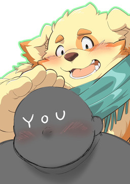 anthro blush duo fur headpat male overweight overweight_male petting scarf yellow_body yellow_fur marumaru_hh lifewonders tokyo_afterschool_summoners anon cu_sith_(tas) bird_dog blank_humanoid canid canine canis domestic_dog golden_retriever human hunting_dog mammal retriever hi_res