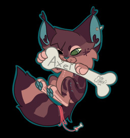 ambiguous_gender bone bone_charm brown_body brown_fur chewing_object chibi ear_piercing ear_tuft feral fur holding_object object_in_mouth pawpads paws piercing simple_background solo sparkle_(marking) string tail teeth text tuft m1lkb4rk domestic_cat felid feline felis mammal digital_media_(artwork) english_text male_(lore)