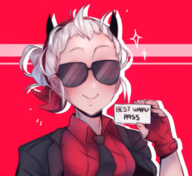 accessory black_horn breasts clothing collared_shirt dress_shirt eyewear female fingerless_gloves glasses gloves hair handwear headband holding_object horn looking_at_viewer necktie not_furry red_background shirt short_hair simple_background smile solo sunglasses symbol text topwear white_body white_hair white_skin ada_hams helltaker justice_(helltaker) demon demon_humanoid humanoid english_text hi_res