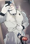 anthro balls beard blush bodily_fluids cellphone claws clothing ear_piercing ear_ring electronics erection facial_hair finger_claws foreskin fur genital_fluids genitals glans holding_cellphone holding_object holding_phone holding_smartphone humanoid_genitalia humanoid_penis male mirror_selfie muscular muscular_male nipples penis phone piercing precum pubes ring_piercing selfie shirt smartphone solo sweat tail tank_top teeth topwear vein veiny_penis white_body white_fur bk-mita canid canine mammal absurd_res hi_res