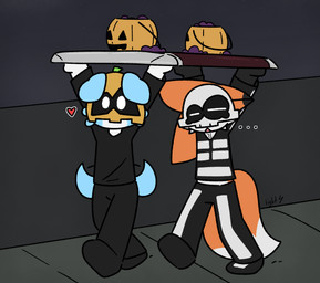 anthro basket black_body black_bottomwear black_clothing black_ears black_fur black_pants black_shirt black_topwear blue_body blue_ears blue_fur blue_tail bodily_fluids bottomwear candy chocolate chocolate_bar clothing container costume dessert drooling duo ellipsis food fruit fur giant_candy giant_food hair happy heart_symbol holding_food holding_object holidays male mask multicolored_body multicolored_bottomwear multicolored_clothing multicolored_ears multicolored_fur multicolored_shirt multicolored_topwear orange_ears orange_hair orange_tail outside pants plant pumpkin pumpkin_basket saliva shirt sidewalk skeleton_costume tail tail_motion tailwag tired topwear two_tone_body two_tone_bottomwear two_tone_clothing two_tone_ears two_tone_fur two_tone_pants two_tone_shirt two_tone_tail two_tone_topwear walking white_body white_bottomwear white_clothing white_eyes white_fur white_pants white_shirt white_tail white_topwear young young_anthro young_male lightningb0lt01 halloween cody_(lightningb0lt01) tommy_(lightningb0lt01) canid canine canis domestic_dog fox mammal absurd_res hi_res