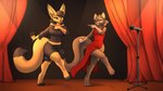 16:9 black_hair black_nose blue_eyes bottomwear breasts canid canine clothed clothing dancing digital_media_(artwork) dipstick_tail dress duo electronics eyes_closed feet female fenavi_montaro fennec_fox feretta fingerless_(marking) fox fur furgonomics gloves_(marking) grey_body grey_fur hair herm_(lore) hi_res mammal markings microphone microphone_stand midriff navel red_fox shaded silver_fox skirt stage stage_curtains tail tail_markings tail_through_skirt toeless_(marking) true_fox vixavil_hayden widescreen yellow_body yellow_fur