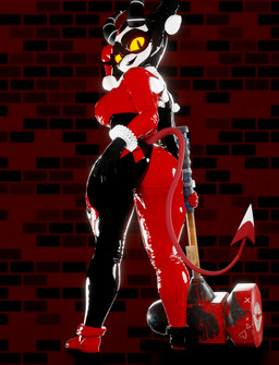 2_horns 5_fingers armwear big_breasts big_butt black_eyes black_lips breasts butt butt_expansion clothing clown clown_costume clown_makeup cosplay crossover_cosplay expansion eyebrows eyelashes eyewear eyewear_on_face female fingers fool's_hat gloves glowing glowing_eyes hammer handwear hat headgear headwear horn jester jester_outfit latex latex_armwear latex_clothing latex_gloves latex_handwear latex_legwear latex_skinsuit latex_thigh_highs legwear lips looking_at_viewer looking_back looking_back_at_viewer makeup mask simple_background skinsuit smile solo spade_tail tail thigh_highs tight_clothing tools 777bronzestar samzan_(modeler) batman_(series) dc_comics hellaverse helluva_boss harley_quinn millie_(helluva_boss) demon demon_humanoid humanoid imp 3d_(artwork) blender_(artwork) blender_cycles_(artwork) crossover digital_media_(artwork) hi_res