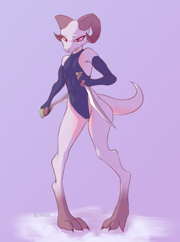 anthro clothing dagger dual_wielding female holding_dagger holding_melee_weapon holding_object holding_weapon horn looking_at_viewer melee_weapon purple_background simple_background solo standing text tight_clothing weapon jarnqk lya_(jarnqk) kobold scalie 2021 absurd_res artist_name full-length_portrait hi_res portrait
