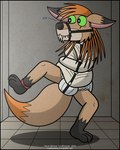 anthro barcode bdsm bodily_fluids bondage bound clean_diaper clothed clothing diaper leg_ring male muzzle_(object) muzzled restraints solo straitjacket sweat sweatdrop wearing_diaper lorddominic canid canine canis mammal wolf 4:5