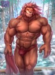 abs absurd_res anthro bamboo bath biceps bulge clothing digital_media_(artwork) felid fur hi_res hot_spring leo_(red_earth) lion looking_at_viewer male mammal mane muscular muscular_male navel nipples obliques orange_body orange_eyes pantherine partially_submerged pecs physen plant pubes quads red_earth scar smile solo standing_in_water steam tree underwear water