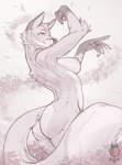 anthro breasts butt dancing female flower heart_(marking) markings nipples nude plant side_boob solo spring kaislair canid canine fox mammal monochrome sketch