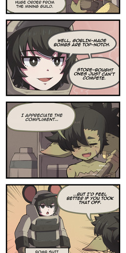 4_fingers animal_ears black_hair bomb_suit clothing dialogue duo female fingers freckled_ears freckles gold_(metal) gold_jewelry hair jewelry pink_clothing speech_bubble text tenescross minette_(tenescross) goblin humanoid 4koma absurd_res comic english_text hi_res