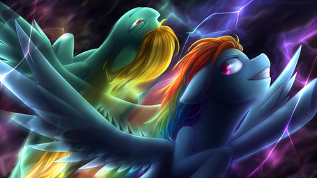 black_background blonde_hair blue_body blue_fur detailed_background duo female female_feral feral flying fur green_body green_fur hair half-closed_eyes happy hooves lights multicolored_hair multicolored_tail narrowed_eyes pink_eyes rainbow_hair rainbow_tail simple_background smile spread_wings tail wings yellow_eyes yellow_tail jadekettu friendship_is_magic hasbro my_little_pony mythology lightning_dust_(mlp) rainbow_dash_(mlp) equid equine mammal mythological_creature mythological_equine pegasus 16:9 2020 widescreen