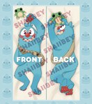 anthro blue_body blue_fur blue_hair blush dakimakura footprint frog_plushie fur hair happy holding_object holding_plushie looking_at_object male pawpads pawprint pie_cut_eyes plushie red_pawpads sash smile solo star_eyes teeth text tongue shaibey bugsnax young_horses filbo_fiddlepie grumpus 2022 dakimakura_design digital_media_(artwork) distracting_watermark english_text hi_res procreate_(artwork) watermark