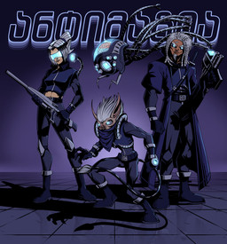ambiguous_gender anthro brain clothed clothing cybernetic_eye cybernetics cyberpunk cyberpunk_clothes female footwear gloves group gun hair handwear machine male organs ranged_weapon shoes simple_background tail text weapon cringehog bat cyborg human humanoid mammal robot digital_media_(artwork) hi_res
