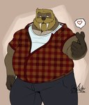 anthro beard belly belt big_belly body_hair bottomwear brown_body brown_hair chest_hair clothed clothing facial_hair flannel_shirt gesture hair heart_gesture heart_symbol male obese obese_anthro obese_male overweight overweight_anthro overweight_male pants shirt simple_background solo symbol topwear tusks deadanthro henri_(deadanthro) mammal marine pinniped walrus 2020 signature