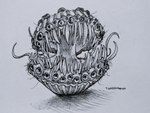 creepy hairy nightmare_fuel open_mouth scary sharp_teeth solo teeth tentacles tongue tangerin4yon inktober bivalve marine mollusk monster scallop 2022 greyscale monochrome signature traditional_media_(artwork)