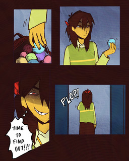 accessory ambiguous_gender ambiguous_human backpack bath_bomb bottomwear bow_ribbon brown_bottomwear brown_clothing brown_hair brown_skirt clothed clothed_human clothing green_clothing green_sweater green_topwear hair hair_accessory hair_bow hair_ribbon holding_object onomatopoeia pointy_thought_bubble red_eyes red_hair_bow ribbons skirt solo sound_effects sweater text thought_bubble topwear yellow_body yellow_skin fablivious1 deltarune undertale_(series) kris_dreemurr human mammal 2025 comic digital_drawing_(artwork) digital_media_(artwork) english_description english_text hi_res