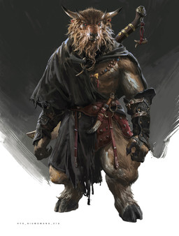 4_horns anthro belt brown_body brown_fur clothing dagger facial_piercing front_view fur hooves horn male melee_weapon multi_horn muscular muscular_male nose_piercing nose_ring piercing ring_piercing robe simple_background solo standing weapon yang_qi black_myth:_wukong mythology bovid mammal absurd_res digital_media_(artwork) hi_res official_art