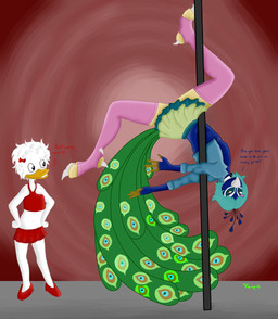 anthro beak bottomwear clothed clothing crossdressing dancing dialogue digitigrade duo eye_contact feathers feet femboy footwear hair high_heels legwear looking_at_another male midriff navel pole pole_dancing shoes skirt standing tail tail_under_skirt talons teal_hair text thigh_highs toes topwear vest vampiresacrifice danny_(vampiresacrifice) huey_duck anatid anseriform avian bird duck galliform peafowl phasianid 2014 english_text