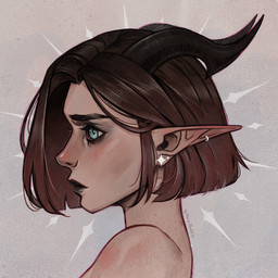black_horn blue_eyes brown_hair ear_piercing ear_ring ear_stud female female_humanoid hair horn humanoid_pointy_ears mouth_closed nude piercing pointy_ears ring_piercing side_view simple_background solo tan_body tan_skin marie_merkh humanoid 1:1 bust_portrait detailed hi_res icon portrait signature