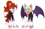 anthro breasts clothed clothing dipstick_tail duo eyeshadow female footwear fur gloves hair handwear high_heels latex lipstick looking_at_viewer makeup markings membrane_(anatomy) membranous_wings open_mouth seductive shoes simple_background smile tail tail_markings wings dragonboy618 sodadreamcast sega sonic_the_hedgehog_(series) jenna_the_vixen rouge_the_bat bat canid canine canis fox mammal digital_media_(artwork) hi_res