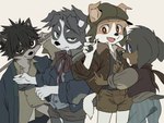 anthro bamboo bamboo_stick black_nose bottomwear claws clothing floppy_ears fur group hat headgear headwear jacket kemono looking_at_viewer male multicolored_body multicolored_fur patch_(fabric) scarf shorts topwear two_tone_body two_tone_fur victorian young young_anthro young_male dakuten tsubutekuro border_collie canid canine canis collie dachshund domestic_dog herding_dog hunting_dog mammal pastoral_dog sheepdog 4:3