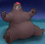 2023 4_toes 5_fingers anthro beanie bear belly belly_focus big_belly biped black_eyes black_nose blush blush_lines breasts breasts_apart brown_body brown_ears brown_fur brown_inner_ear brown_pawpads claws clothing dark_body dark_fur dark_inner_ear dark_nose dark_pawpads digital_drawing_(artwork) digital_media_(artwork) dreamworks ear_piercing ear_ring eyelashes fangs featureless_breasts feet female finger_claws fingers fur fur_tuft grass hat headgear headwear light_clothing light_headwear mama_bear mama_bear_(puss_in_boots) mammal mature_anthro mature_female mostly_nude mostly_nude_anthro mostly_nude_female neck_tuft night open_mouth outside overweight overweight_anthro overweight_female pawpads piercing pink_beanie pink_clothing pink_hat pink_headwear pink_tongue plant plantigrade puss_in_boots_(dreamworks) ring_piercing saion555 shadow sitting sky snout solo spread_arms star starry_sky teeth thick_thighs three-quarter_view toe_claws toes tongue tuft yellow_sclera 翌檜＠絶望間近