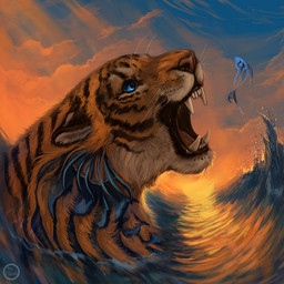 ambiguous_gender blue_eyes day detailed_background feral fur open_mouth orange_body orange_fur outside pink_nose sky solo stripes sunset teeth tongue water whiskers flashw aquatic felid fish mammal pantherine tiger 1:1 digital_media_(artwork) digital_painting_(artwork) painting_(artwork)