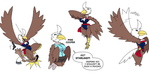 anthro beak big_breasts bottomwear breasts close_eye clothing collared_shirt costume disguise disguised dress_shirt eyewear female flying gesture glasses kick knee_kick shirt skirt solo spread_wings superhero superhero_costume text topwear wave waving waving_arms wearing_glasses wings diegutan starling_the_eagle accipitrid accipitriform avian bald_eagle bird eagle sea_eagle absurd_res english_text hi_res