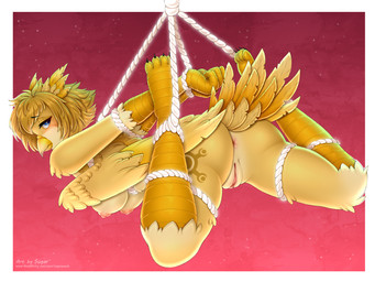 anthro anus areola arms_tied bdsm beak black_claws blonde_hair blue_eyes blush bondage bound breasts butt claws clitoral_hood clitoris eyelashes feathered_wings feathers female genitals hair legs_tied looking_at_viewer looking_back looking_back_at_viewer medium_breasts nipples nude pink_anus pink_areola pink_nipples pink_vulva puffy_areola restraints rope rope_bondage rope_harness short_hair solo spread_legs spreading submissive submissive_anthro submissive_female vulva white_rope wings yellow_beak yellow_body sugarrrpeach avian bird 4:3 colored digital_drawing_(artwork) digital_media_(artwork) full-length_portrait portrait shaded