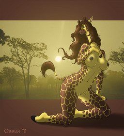 anthro biped breasts brown_hair brown_nipples eyebrows female female_anthro genitals green_eyes hair horn iris kneeling long_hair nipples nude nude_anthro nude_female ossicone pupils snout solo sun tail tail_tuft text tuft vulva ossian_rodent giraffe giraffid mammal 2011 artist_name dated hi_res unavailable_at_source