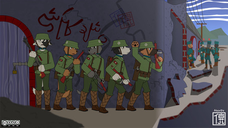anthro armor bottomwear clothed clothing fully_clothed group headgear helmet male military perspective soldier tail text uniform warrior weapon alvidz canid canine mammal 16:9 digital_media_(artwork) english_text hi_res widescreen