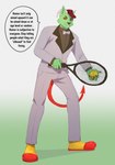 anthro ball clown_shoes male solo tennis_ball tennis_racket text anonymous_artist demon absurd_res english_text hi_res