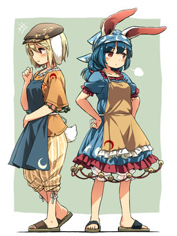 apron blonde_hair bloomers blue_apron blue_clothing blue_dress blue_hair bottomwear brown_clothing brown_hat brown_headwear clothed clothed_female clothed_humanoid clothing dress duo ear_clip female flat_cap floppy_ears footwear frilly frilly_apron frilly_clothing hair hands_on_hips hat headgear headkerchief headwear kerchief lop_ears orange_apron orange_clothing orange_shirt orange_topwear red_eyes sandals shirt shoes short_sleeves shorts simple_background standing tail topwear translucent translucent_bottomwear translucent_clothing white_ears white_tail yellow_bottomwear yellow_clothing yellow_shorts yudepii touhou ringo_(touhou) seiran animal_humanoid humanoid lagomorph lagomorph_humanoid leporid_humanoid mammal mammal_humanoid rabbit_humanoid 2019 3:4 full-length_portrait hi_res portrait