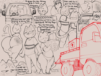 against_surface against_vehicle anthro balls bedroom_eyes bent_over big_butt bodily_fluids bottomwear box butt butt_grab butt_slap close-up clothing container driving duo exclamation_point eyes_closed fangs front_view fur genitals half-closed_eyes hand_on_butt holding_box holding_container holding_object inside_vehicle intraspecies kei_truck light_truck looking_at_another male male/male meow mini_truck narrowed_eyes pants plant rear_view seductive sharp_teeth shirt shortstack shortstack_male side_view slap smile spank_marks speech_bubble standing sweat t-shirt tail teeth text thick_thighs three-quarter_view tongue topwear tree truck vehicle sushiamazing easy_delivery_co. fit_(easy_delivery_co.) domestic_cat felid feline felis mammal 2025 4:3 digital_media_(artwork) english_text monochrome sketch