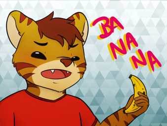 anthro banana brown_body brown_fur brown_hair brown_stripes clothing countershading fangs food fruit fur hair holding_banana holding_food holding_object male open_mouth pattern_background plant red_clothing red_shirt red_topwear shirt simple_background solo striped_body striped_fur stripes tan_body tan_fur teeth text topwear mytigertail gabe_(mytigertail) felid mammal pantherine tiger 2017 english_text hi_res
