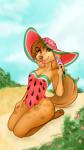 anthro beach biped breasts brown_body brown_fur brown_hair cleavage clothed clothing female food fruit fur hair hat headgear headwear holding_food holding_object kneeling looking_at_viewer markings melon one-piece_swimsuit outside plant seaside smile solo spots spotted_body spotted_fur swimwear tongue tongue_out watermelon boston.babe canid canine canis domestic_dog mammal