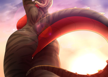 anthro back_scar big_breasts black_body black_scales black_stripes breasts butt butt_focus detailed_background featureless_breasts featureless_crotch female horn huge_breasts lens_flare low-angle_view non-mammal_breasts nude nude_anthro nude_female outside raised_arms red_body red_scales scales scar side_boob sky solo spiked_tail spikes spikes_(anatomy) stripes sun tail thick_thighs thigh_gap ventral_scales wide_hips yoko_darkpaw mythology tempest_(yoko_darkpaw) dragon mythological_creature mythological_scalie scalie 2023 absurd_res hi_res