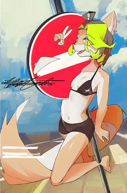 anthro bra clipping_through clothing countershading female female_anthro gesture green_highlights hair hair_over_eye hand_gesture highlights_(coloring) navel scratched_out_text smile tail text traffic_sign underwear v_sign catofinterest mango_(catofinterest) canid canine domestic_cat felid feline felis fox hybrid mammal 2025 digital_drawing_(artwork) digital_media_(artwork) english_text hi_res nonbinary_(lore)