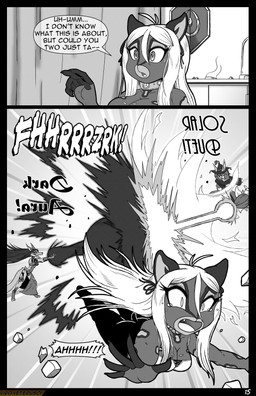 anthro big_breasts boom breasts clothing collar crop_top dress energy_blast explosion eyewear fangs female flower fur glasses group hair hat headgear headwear jumping long_hair magic magic_spell markings open_mouth plant shirt spots spotted_body spotted_fur teeth text topwear trio wand wearing_glasses witch_hat viroveteruscy if_hell_had_a_taste caitlin_kelly hexava_thornheart lucia_barclay canid canine canis domestic_cat felid feline felis fox hybrid mammal wolf absurd_res comic english_text hi_res