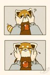 anthro apple biped brown_body chibi dot_eyes duo feral food fruit humanoid_hands kemono plant question_mark simple_background simple_eyes shi_nominmin ailurid mammal red_panda 2025 comic hi_res