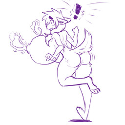 anthro big_breasts bodily_fluids breasts butt exclamation_point female huge_breasts hyper hyper_breasts lactating nipples nude solo standing neon-b canid canine mammal 1:1 character_request monochrome purple_and_white purple_theme