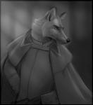 anthro black_eyebrows black_nose cloak clothing confident eyebrows male night simple_background solo suit well_dressed shaza_(artist) raeden_drear_(character) canid canine cross_fox fox mammal red_fox true_fox monochrome