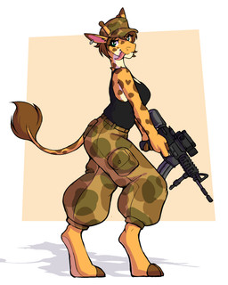 3_fingers anthro barefoot bottomwear breasts camo camo_bottomwear camo_clothing camo_pants camo_print clothing digitigrade ear_piercing ear_ring feet female fingers gun holding_gun holding_machine_gun holding_object holding_ranged_weapon holding_weapon horn looking_back military_hat pants pattern_bottomwear pattern_clothing pattern_pants piercing ranged_weapon ring_piercing shirt side_view simple_background solo standing tail tank_top tongue tongue_out topwear weapon sutagaki giraffe giraffid mammal 2024 4:5 digital_media_(artwork) hi_res