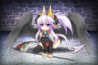 black_wings blue_eyes blush breasts clothing cute_fangs ear_piercing ear_ring fangs feathered_wings feathers female horn humanoid_pointy_ears looking_at_viewer melee_weapon not_furry open_mouth piercing pointy_ears polearm ring_piercing scythe smile solo tail teeth weapon white_tail wings mofuaki humanoid winged_humanoid 2015 3:2