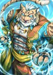 anthro blue_background blue_eyes fist looking_at_viewer male simple_background solo wind gunka0111 nekojishi studio_klondike lin_hu hi_res