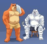 anthro belly black_nose bodily_fluids clothing duo eyes_closed male moobs nipples orange_body overweight overweight_male sitting sweat towel underwear white_body naikuma animal_crossing nintendo rolf_(animal_crossing) teddy_(animal_crossing) bear felid mammal pantherine tiger 2022 absurd_res hi_res