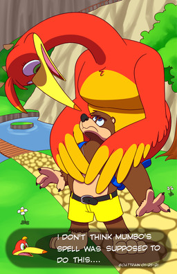 anthro backpack beak bottomwear clothing duo female hotpants implied_growth larger_female looming male male/female shorts size_difference text goattrain banjo-kazooie rareware banjo_(banjo-kazooie) kazooie avian bear breegull brown_bear mammal ursine english_text